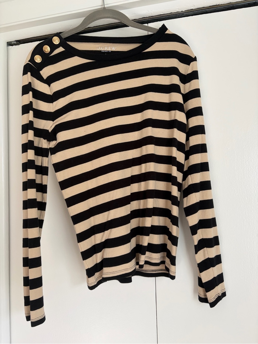 J. Crew Black and Beige Striped Long-Sleeve Boatneck Top with Gold Buttons